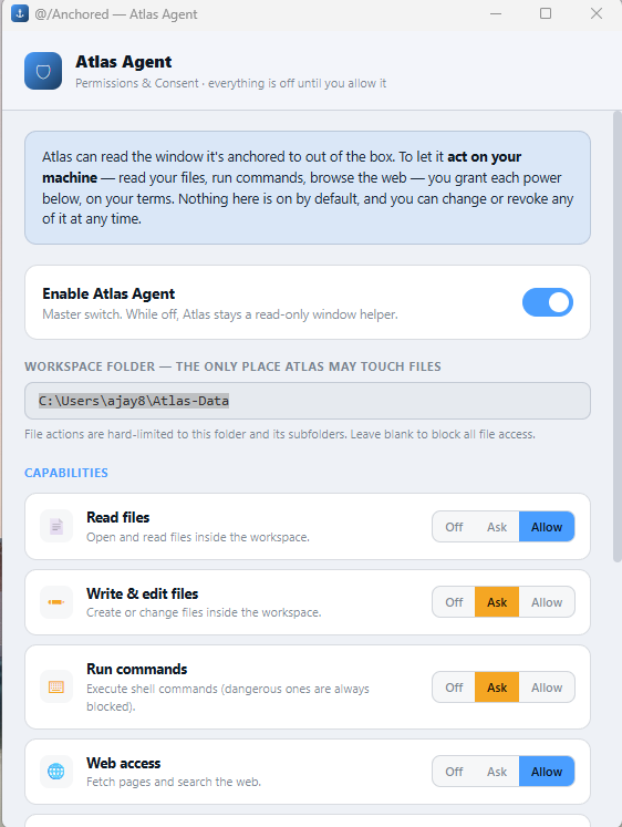 The Atlas Agent permissions panel, scoped to a folder you choose