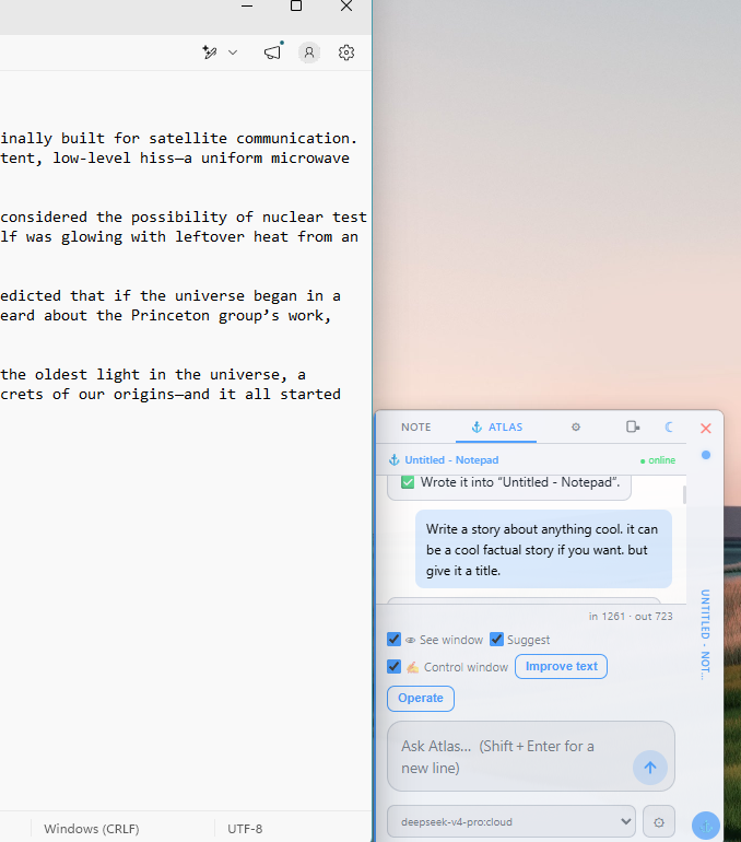 Atlas writing a full story into a Notepad window on command